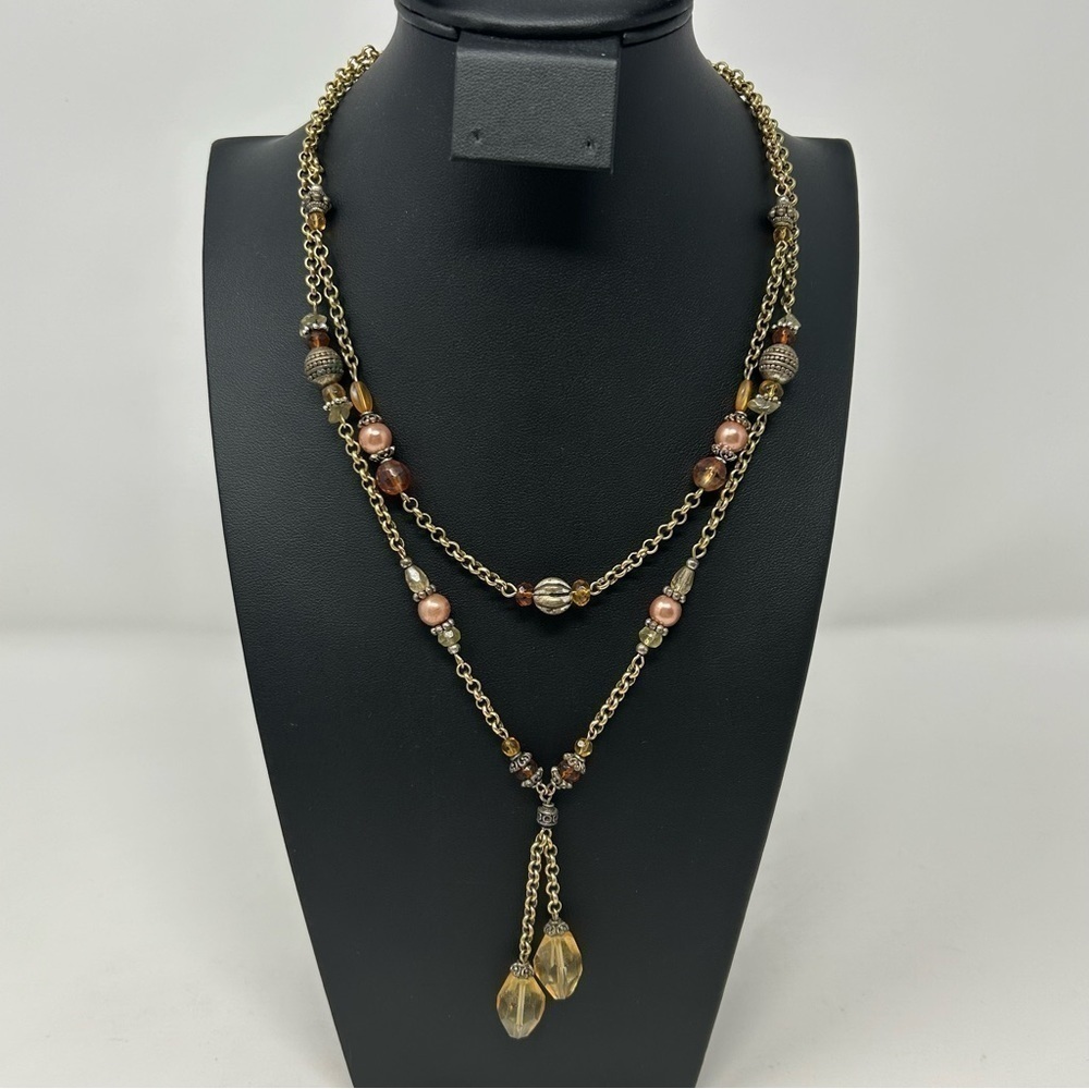Vintage Avon Gold Tone, Yellow and Orange Beaded Layered Necklace Y Drop 19"